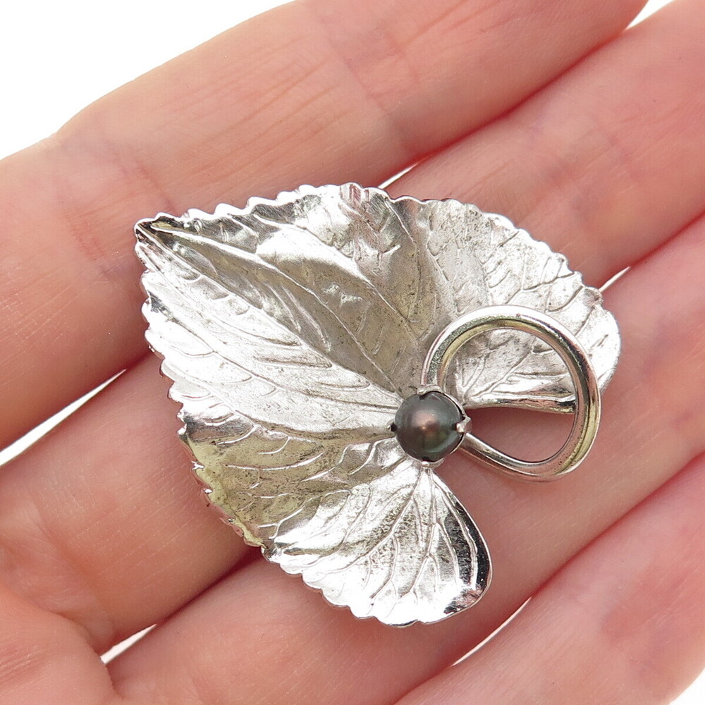 CARL ART 925 Sterling Silver Vintage Real Tahitian Pearl Floral Leaf Pin Brooch